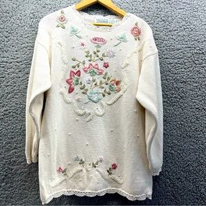 Vtg Shenanigans Knit Sweater Women L Floral Grandma Cottage Core Style Beaded